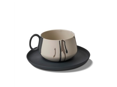 Tube Tea Cup with Saucer Color Wave Stone - Black & Stone & Ivory